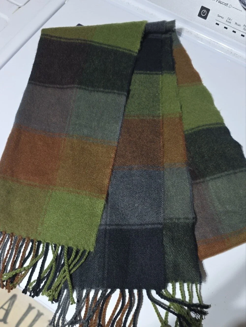 100% Cashmere Green & Brown Plaid Scarf - Made in Scotland
